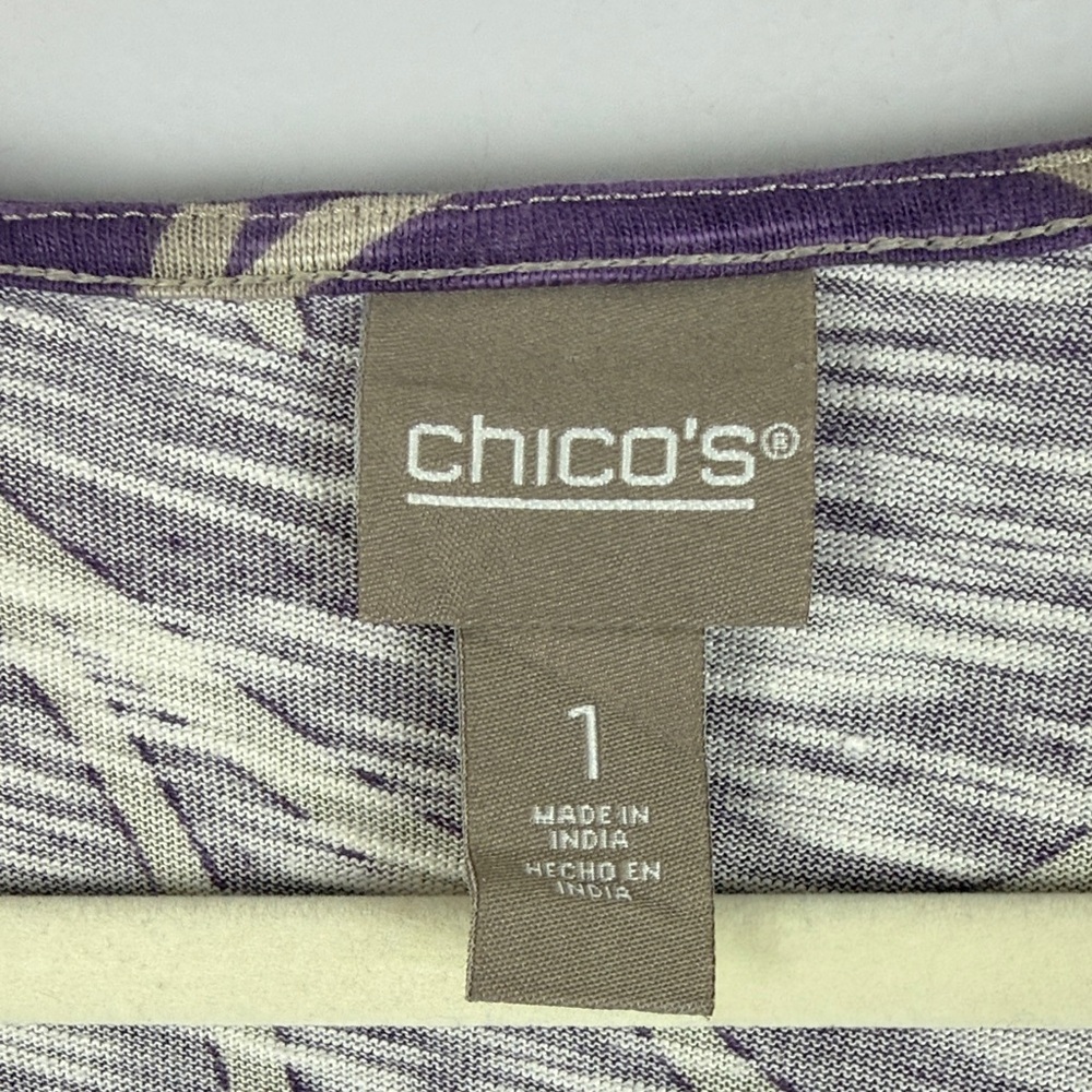 Chico's Cotton Modal Blend Purple Tan Round Neck Abstract 3/4 Sleeve Medium Top - Picture 3 of 11